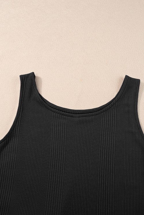 Black Solid Color Ribbed Ruffle Tank Top and Pants Set