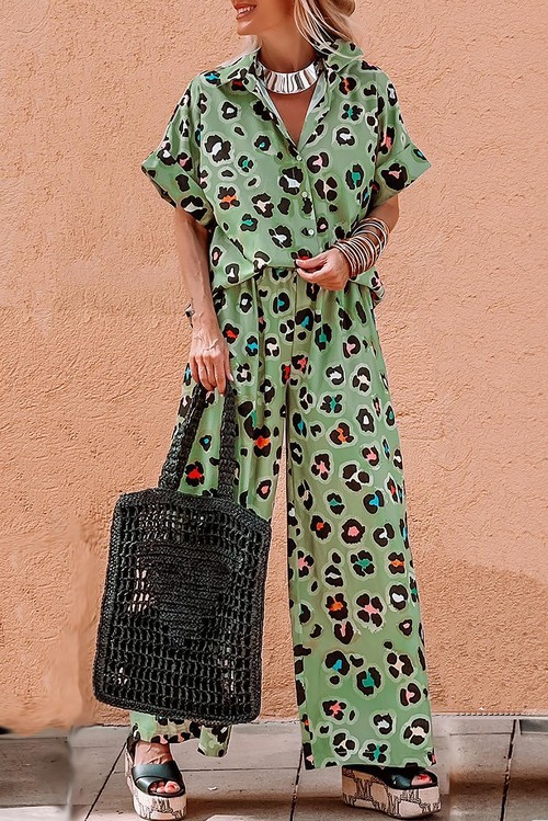 Green Leopard Print Short Sleeve Shirt and Wide Leg Pants