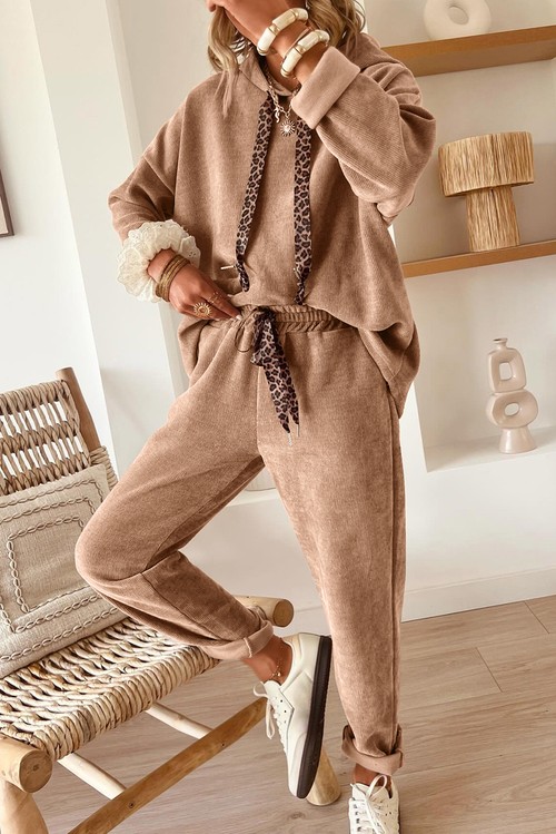 Dark Khaki Leopard Drawstring Pullover Hoodie and High Waist Pants