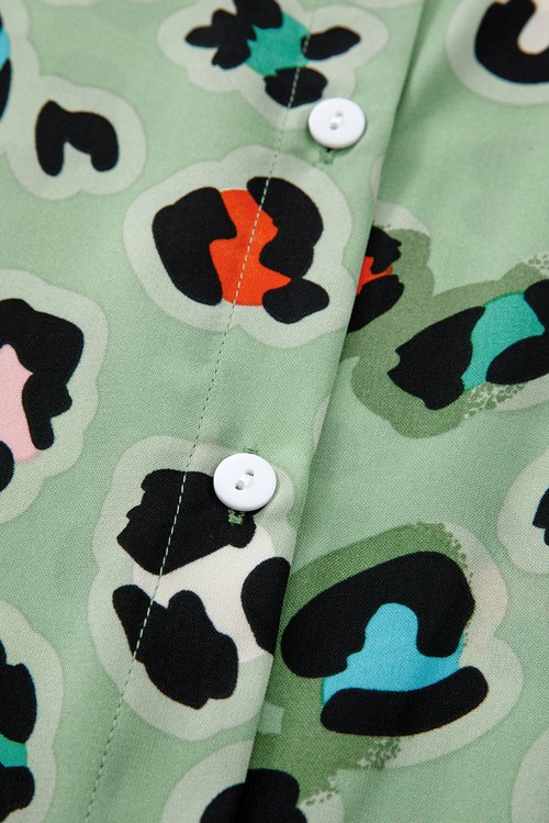 Green Leopard Print Short Sleeve Shirt and Wide Leg Pants