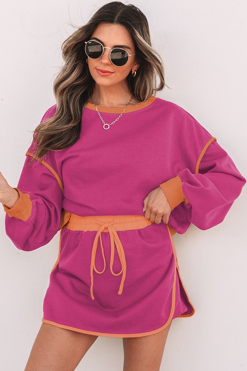 Rose Red Color Contrast Loose Pullover and Lace up Waist