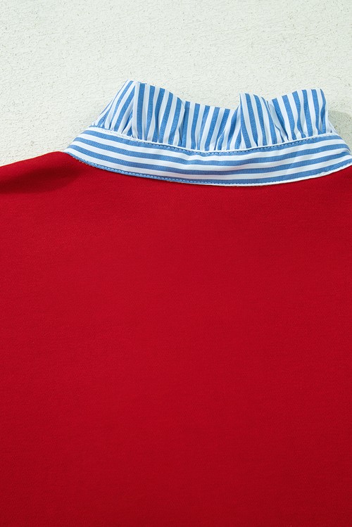 Racing Red Striped Collar Patchwork Satin Bow Sweatshirt and Shorts