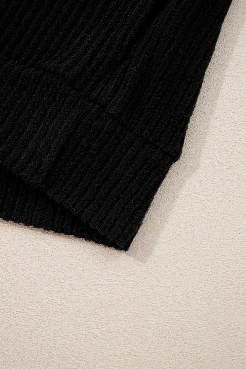 Black Ribbed Zip Stand Neck Drop Shoulder Pullover Bodycon Skirt