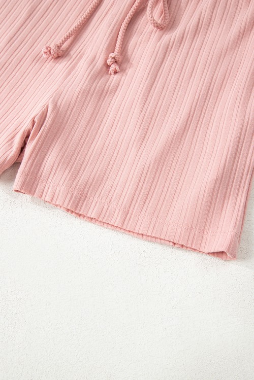 Gossamer Pink Ribbed Button V Neck Tank Top and Shorts