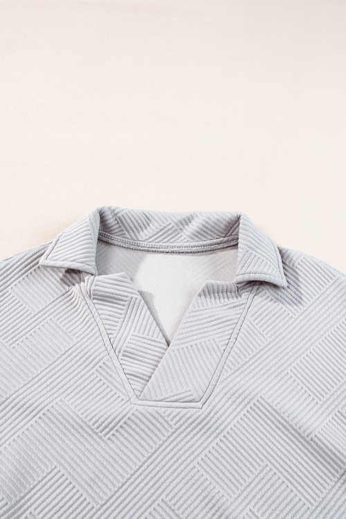 Light Grey Solid Textured Collared V Neck Top and Wide