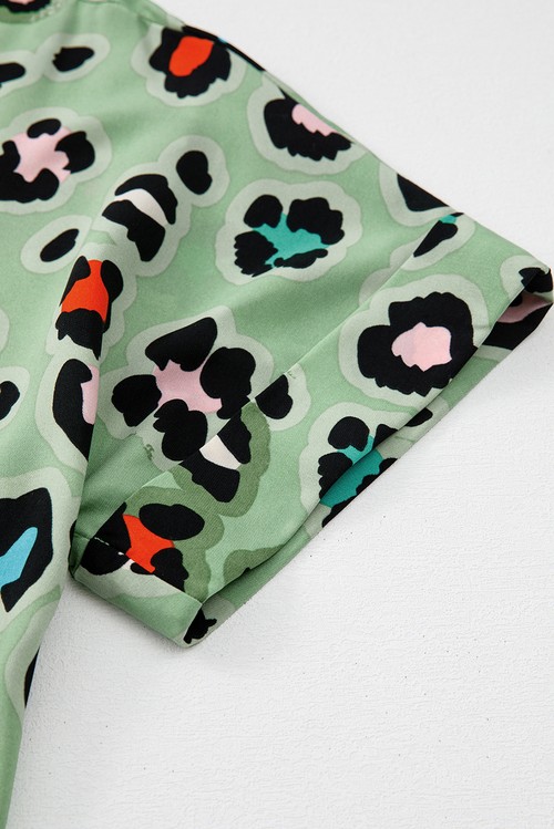 Green Leopard Print Short Sleeve Shirt and Wide Leg Pants