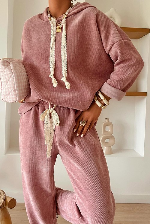 Rose Tan Lace Drawstring Pullover Hoodie and High Waist Pants
