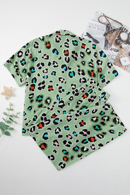 Green Leopard Print Short Sleeve Shirt and Wide Leg Pants
