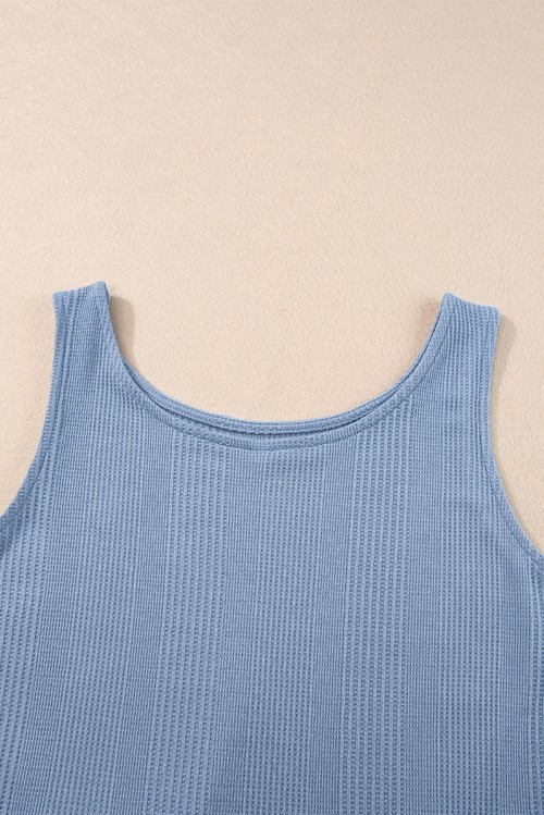 Beau Blue Solid Color Ribbed Ruffle Tank Top and Pants