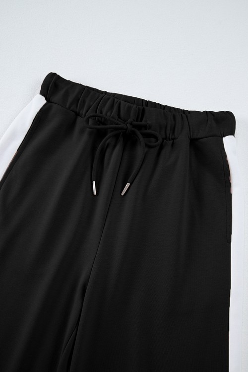Black Varsity Stripe Patchwork Puff Sleeve Pullover Drawstring Wide Leg