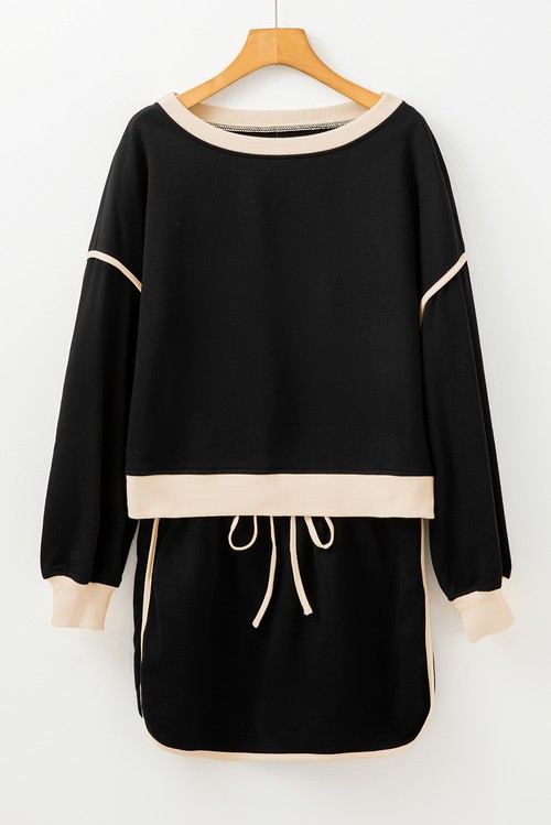 Black Color Contrast Loose Pullover and Lace up Waist Skort