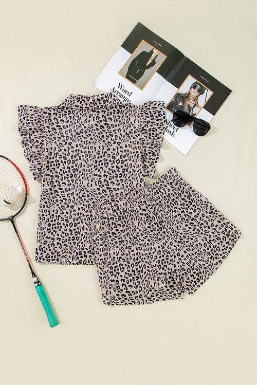 Brown Leopard Half Zipper Collared Ruffled Sleeve Top and Short