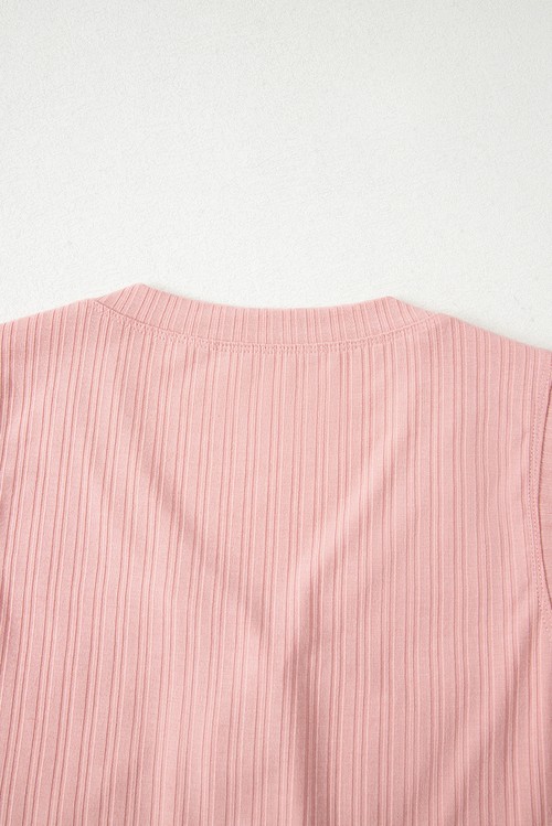 Gossamer Pink Ribbed Button V Neck Tank Top and Shorts