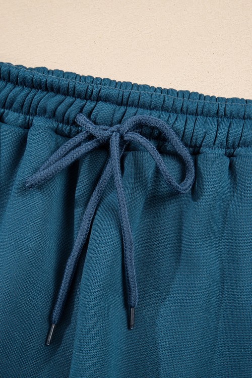 Peacock Blue Cozy Hooded Sweatshirt Drawstring Elastic Waistband Cargo Pant
