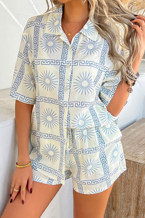 Sky Blue Vacation Printed Loose Shirt and Drawstring Shorts Set