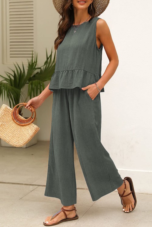 Duffel Green Solid Color Ribbed Ruffle Tank Top and Pants