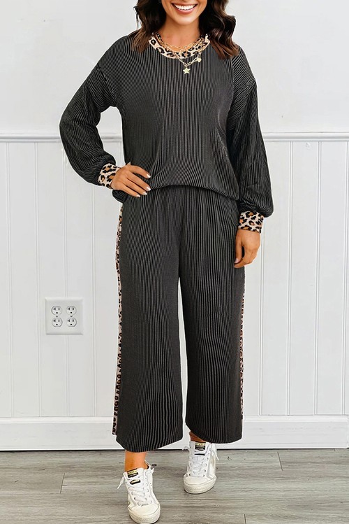 Carbon Grey Twisted Rib Texture Leopard Patchwork Detail 2pcs Pant