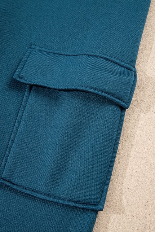 Peacock Blue Cozy Hooded Sweatshirt Drawstring Elastic Waistband Cargo Pant
