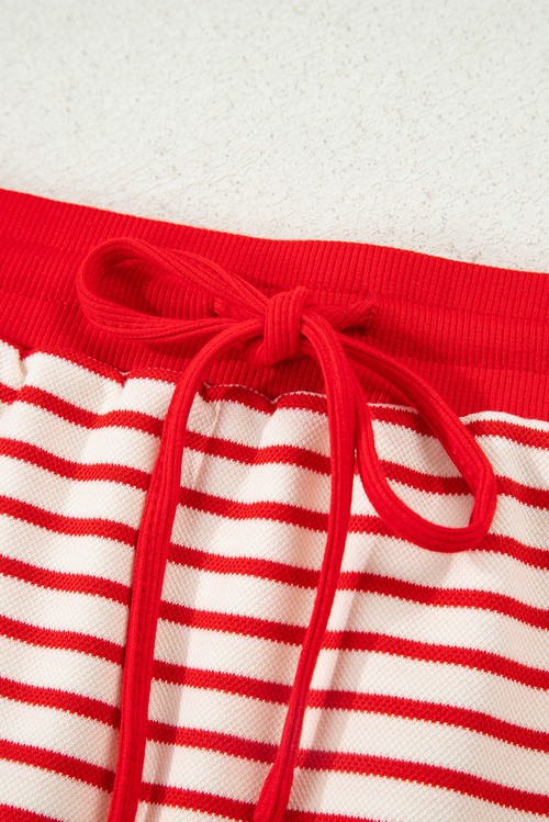 Red Stripe Collared V Neck Drop Shoulder Pullover and Skort