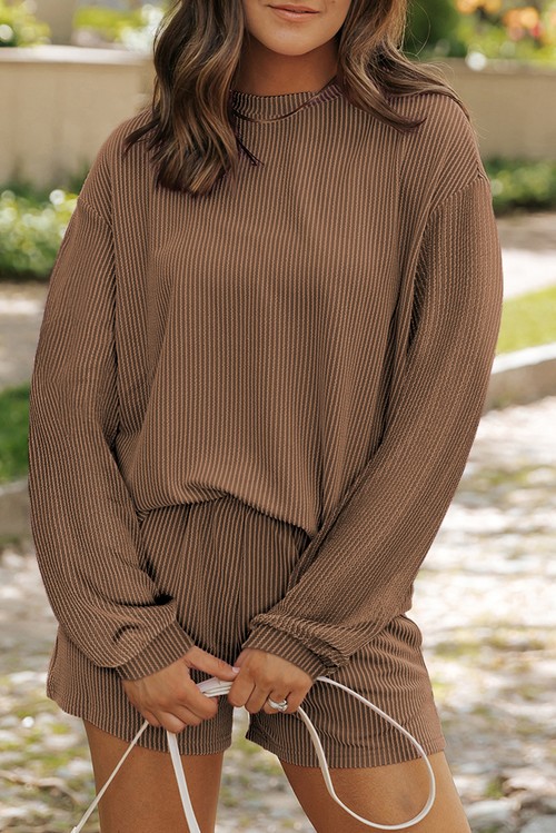 Chestnut Corded Knit Long Sleeve Top and High Waist Shorts