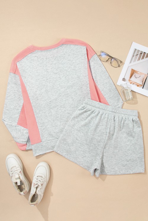 Light Grey Color Block Raw Hem Pullover and Casual Shorts