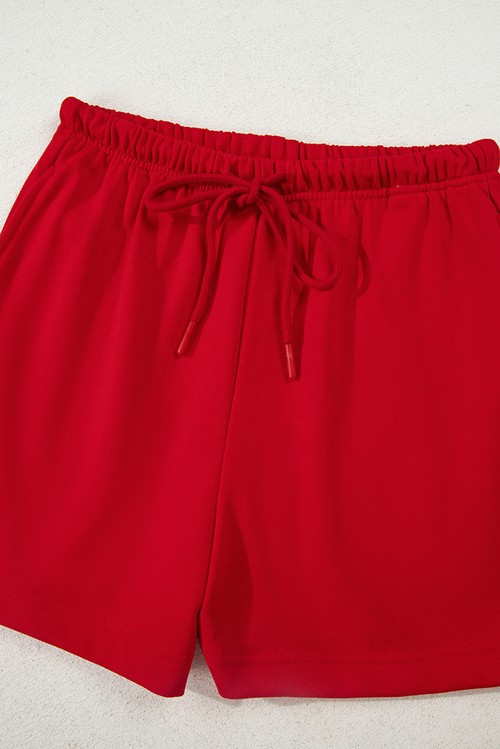 Racing Red Striped Collar Patchwork Satin Bow Sweatshirt and Shorts