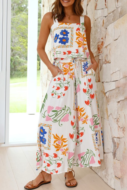White Colorful Printed Square Neck Tank and Wide Leg Pants