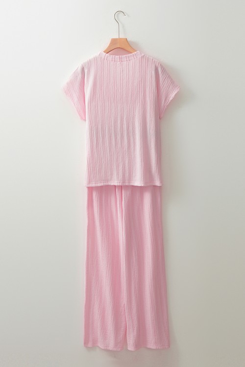 Light Pink Textured Short Sleeve Henley Top and Pocketed Wide