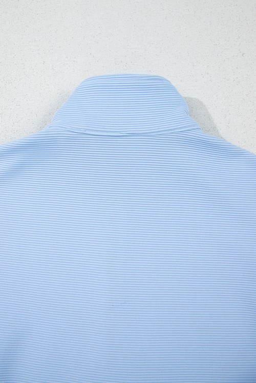 Beau Blue Ribbed Texture Half Zip Ruffled Short Sleeve Top