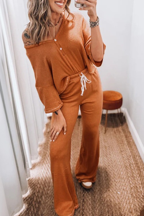 Grapefruit Orange Contrast Stitching Buttoned V Neck Half Sleeve Top