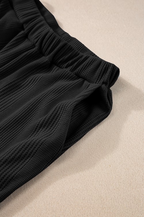 Black Solid Color Ribbed Ruffle Tank Top and Pants Set