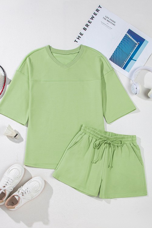 Meadow Mist Green Solid Loose V Neck Half Sleeve Tee