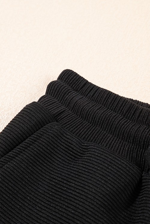 Black Textured Ruffled Sleeve Zipped Top and Wide Leg Pants