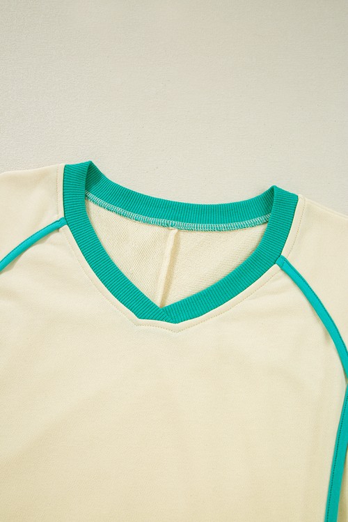 White Contrast Trim Colorblock Long Sleeve Pullover and Drawstring Shorts