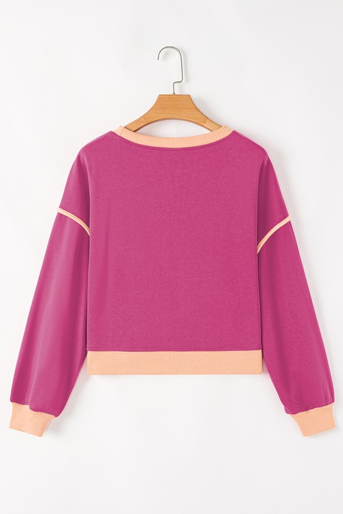 Rose Red Color Contrast Loose Pullover and Lace up Waist