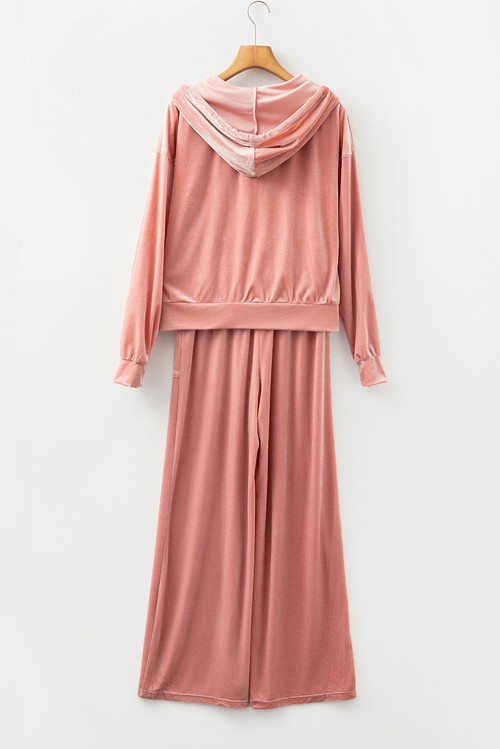 Peach Blossom Velvet Zip up Hoodie and Wide Leg Pants