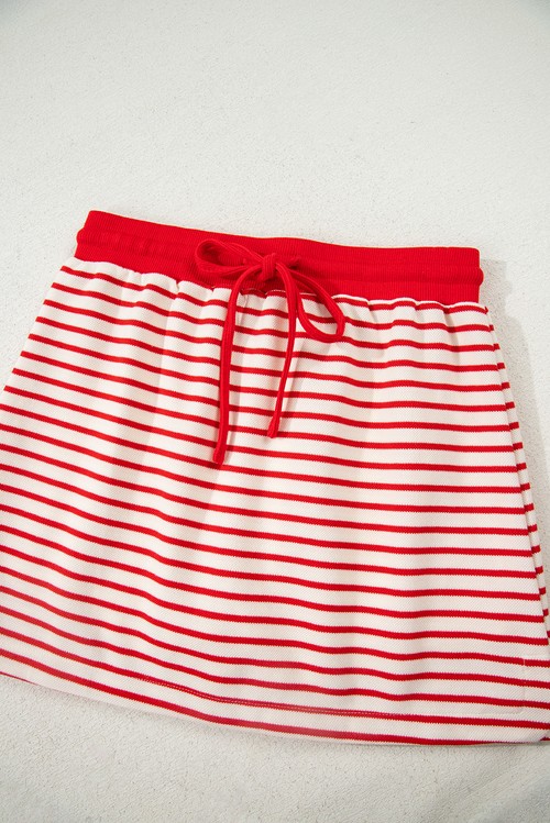 Red Stripe Collared V Neck Drop Shoulder Pullover and Skort