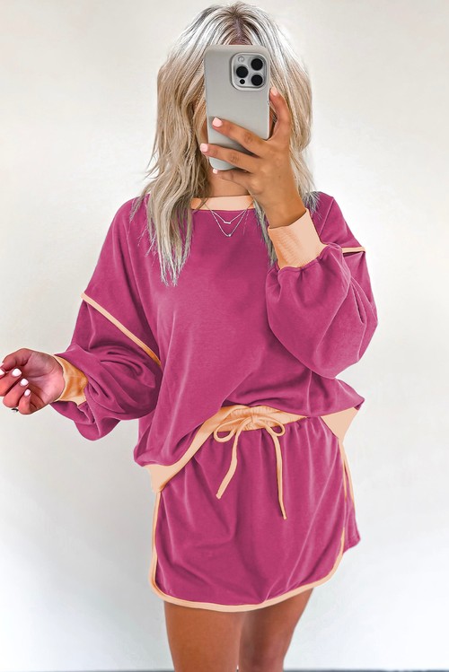 Rose Red Color Contrast Loose Pullover and Lace up Waist