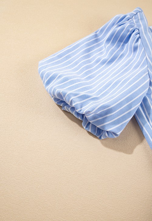 Sky Blue Striped Bowknot Detail Puffy Sleeve Top and Shorts