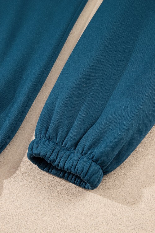 Peacock Blue Cozy Hooded Sweatshirt Drawstring Elastic Waistband Cargo Pant