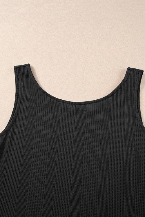 Black Solid Color Ribbed Ruffle Tank Top and Pants Set