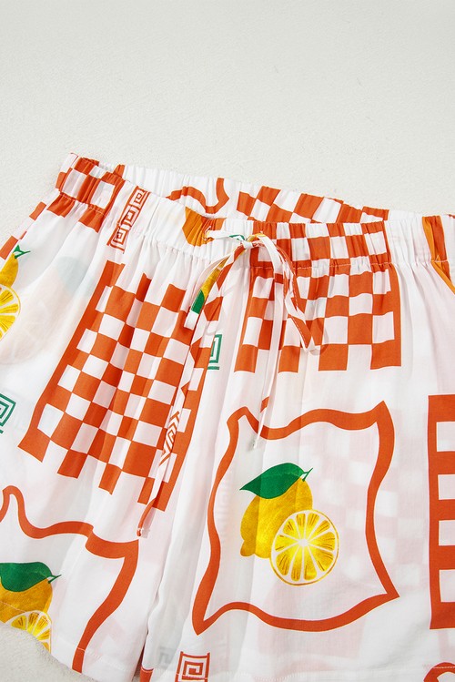 Orange Vacation Printed Loose Shirt and Drawstring Shorts Set