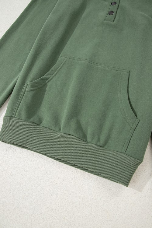 Mist Green Button Drawstring Hooded Pullover and Casual Short Set