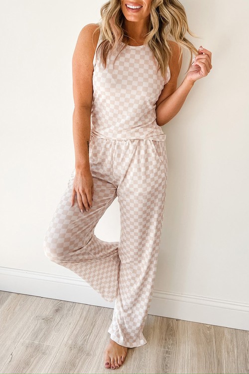White Ribbed Texture Checkered Print 2pcs Tank and Pants Set