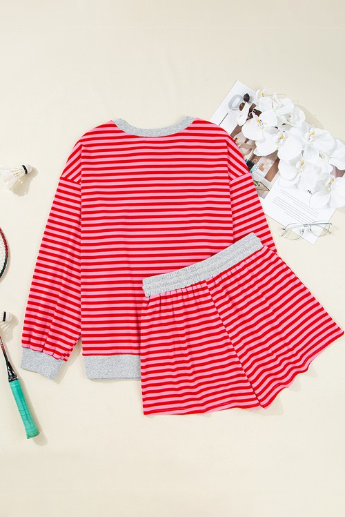 Red Stripe Drop Shoulder Baggy Pullover and Shorts Casual Set