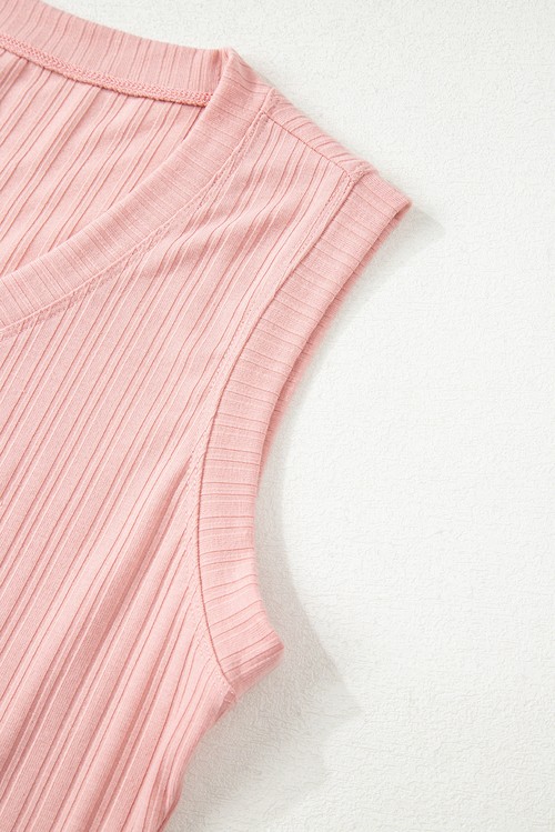 Gossamer Pink Ribbed Button V Neck Tank Top and Shorts