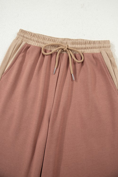 Khaki Color Block Long Sleeve Crop Top Drawstring Pant Set