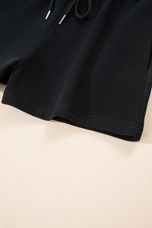 Black Button Drawstring Hooded Pullover and Casual Short Set