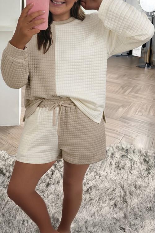 Khaki Color Block Patchwork Textured Long Sleeve Top 2pcs Short