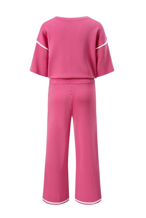 Bright Pink Contrast Trim Half Sleeve Top Drawstring Pants Loose